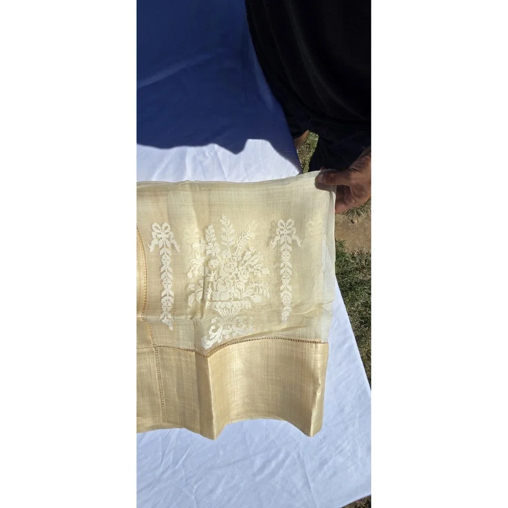 Beige/Ivory Embroidered Floral Square Fabric Tablecloth w/ matching napkins